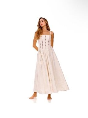 Agua Bendita Cream Maxi Dress with Embroidered Bodice